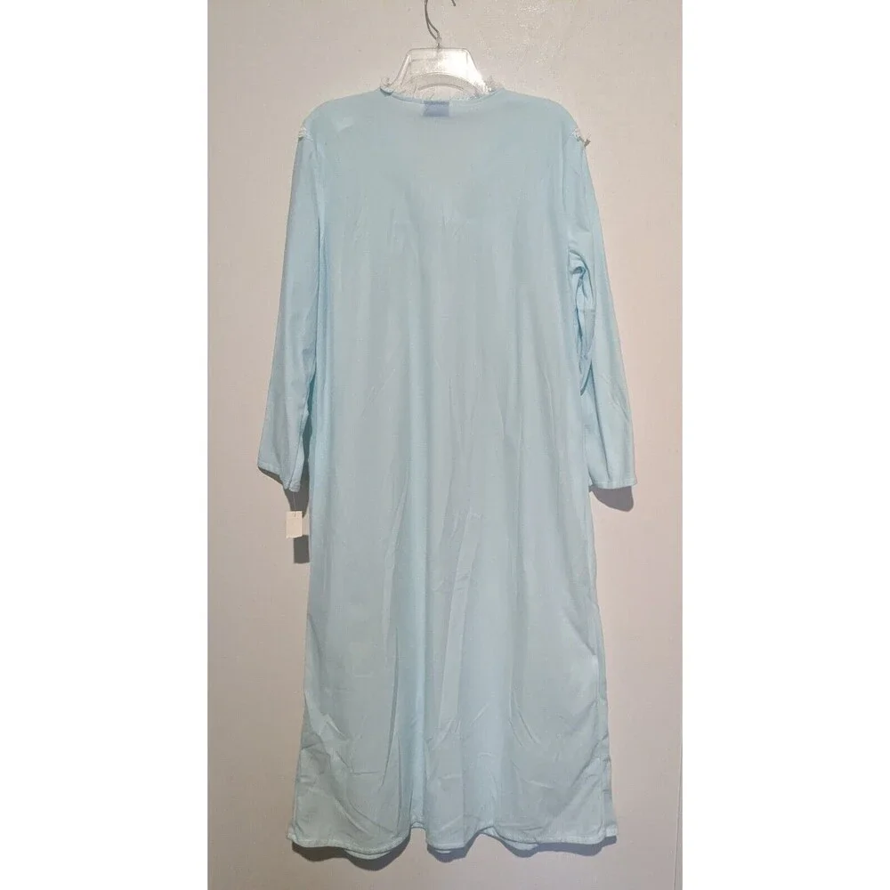 NOS Light Blue Nightgown Vintage 80s L High Neck Modest Lace Trim Full Length